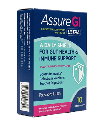 Dietary colostrum supplement to help support gut health during travel.