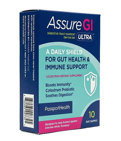 Dietary colostrum supplement to help support gut health during travel.